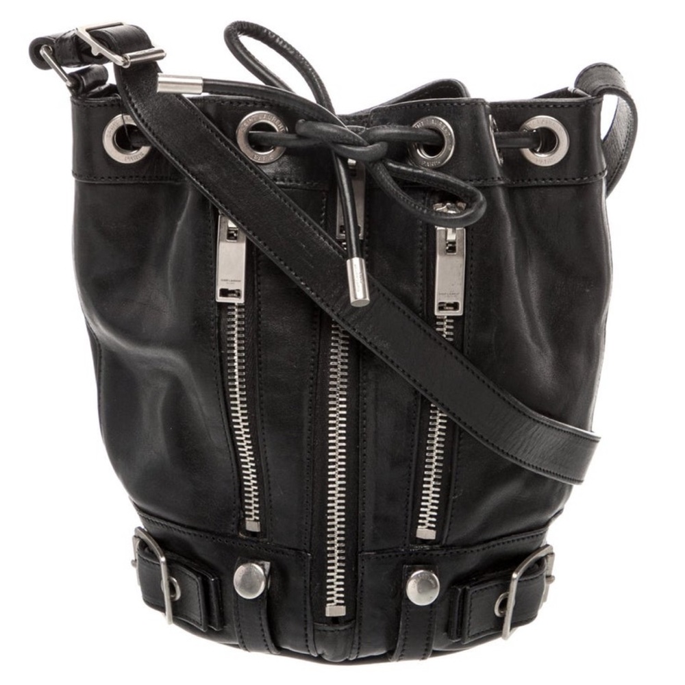 YSL Black Leather Bucket Bag Silver Belt Whimsigoth Crossbody Shoulder Goth EC - Picture 9 of 9